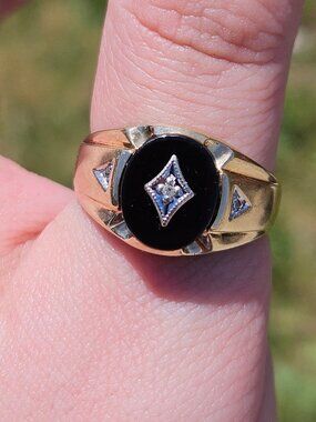 10K Yellow Gold Black Onyx Diamond Men's Wide Band Signet Ring Size 11